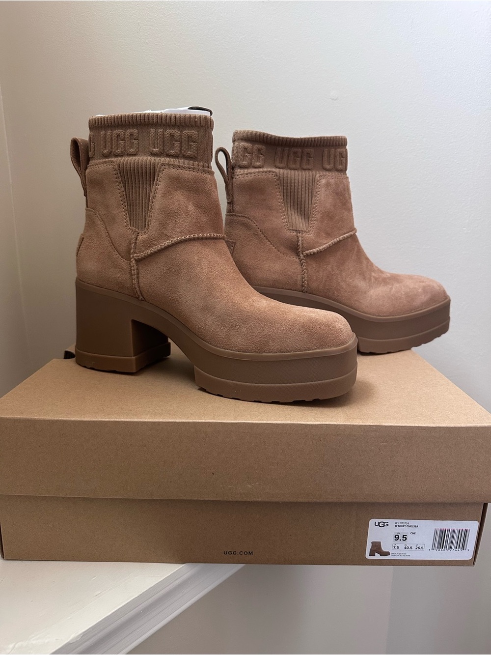 UGG Women's Tan Suede Platform Block Heel Ankle Boots